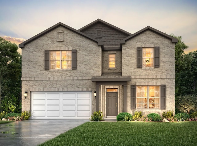 25328 Carnation Ct, Montgomery, TX 77316 - french country inspired facade featuring driveway, an attached garage, brick siding, and a yard