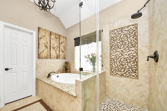 6111 Meadowstream Ct, Katy, TX 77450 - full bath with a bath, a shower stall, tile patterned floors, and lofted ceiling