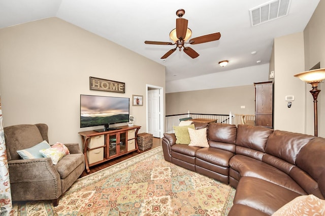 6111 Meadowstream Ct, Katy, TX 77450 - living area with lofted ceiling, a ceiling fan, and wood finished floors