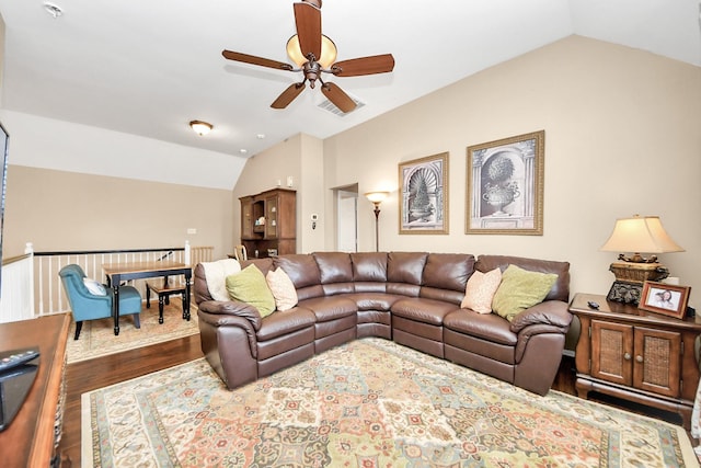 6111 Meadowstream Ct, Katy, TX 77450 - living room featuring vaulted ceiling, ceiling fan, and wood finished floors
