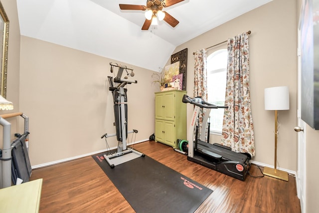 6111 Meadowstream Ct, Katy, TX 77450 - exercise room with dark wood-type flooring, plenty of natural light, a ceiling fan, and lofted ceiling