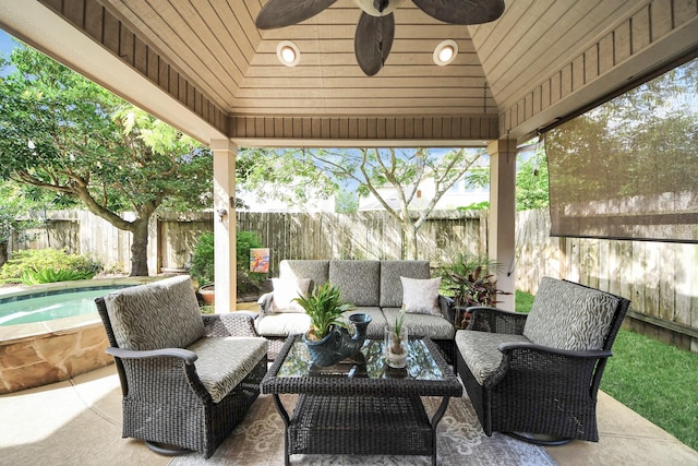 6111 Meadowstream Ct, Katy, TX 77450 - fenced backyard featuring a ceiling fan, an outdoor living space, and a patio