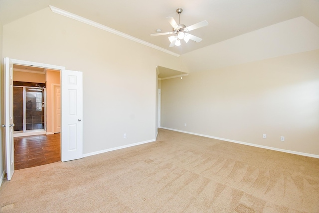 14431 Basalt Ln, Houston, TX 77077 - carpeted empty room featuring ceiling fan, ornamental molding, and lofted ceiling
