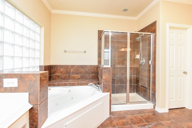 14431 Basalt Ln, Houston, TX 77077 - full bathroom with a shower stall, a tub with jets, ornamental molding, and tile patterned floors