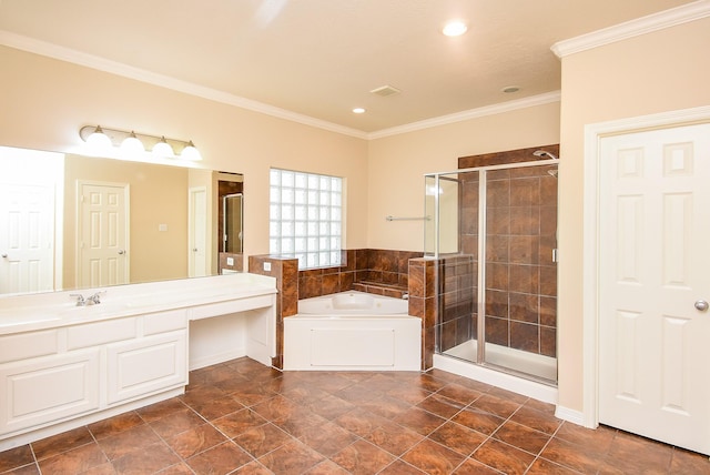 14431 Basalt Ln, Houston, TX 77077 - bathroom with a stall shower, a bath, vanity, crown molding, and recessed lighting