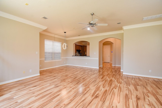 14431 Basalt Ln, Houston, TX 77077 - unfurnished living room with ceiling fan, light wood finished floors, crown molding, and recessed lighting