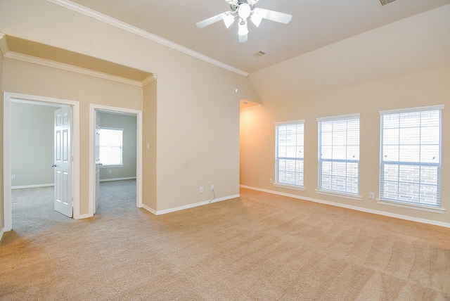 14431 Basalt Ln, Houston, TX 77077 - empty room with light carpet, ceiling fan, lofted ceiling, and ornamental molding