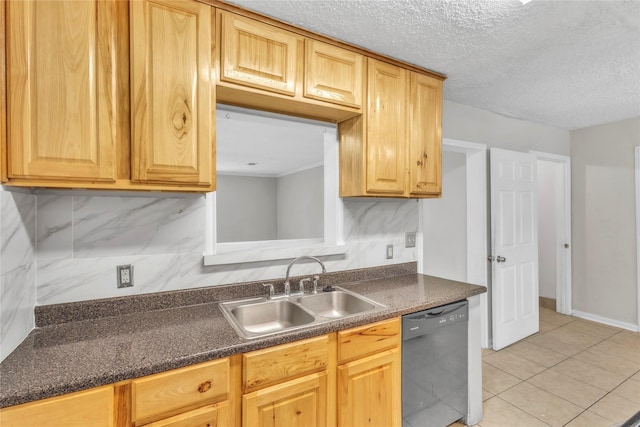 11515 Duane St, Houston, TX 77047 - kitchen featuring dishwasher, dark countertops, light tile patterned flooring, and a textured ceiling