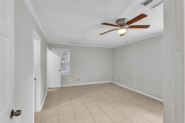 11515 Duane St, Houston, TX 77047 - empty room featuring ornamental molding, ceiling fan, a textured ceiling, and light tile patterned floors