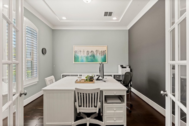 22 Mayapple Blossom Pl, Tomball, TX 77375 - office featuring french doors, dark wood finished floors, plenty of natural light, recessed lighting, and ornamental molding