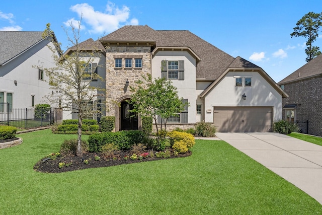 22 Mayapple Blossom Pl, Tomball, TX 77375 - french country inspired facade featuring stone siding, roof with shingles, driveway, and stucco siding