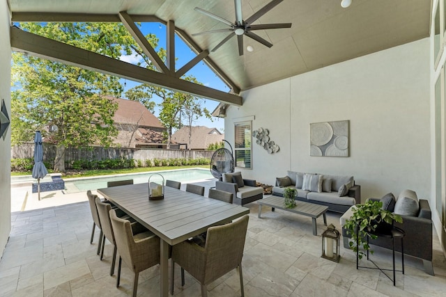 22 Mayapple Blossom Pl, Tomball, TX 77375 - fenced backyard with a ceiling fan, an outdoor living space, and a patio area
