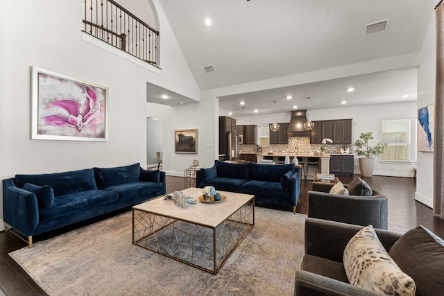 22 Mayapple Blossom Pl, Tomball, TX 77375 - living room with dark wood-style floors, recessed lighting, and high vaulted ceiling