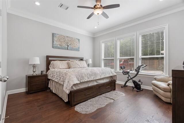 4511 Palo Pinto Dr, Houston, TX 77041 - bedroom featuring crown molding, recessed lighting, dark wood finished floors, and ceiling fan