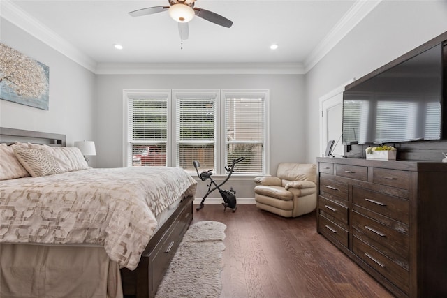 4511 Palo Pinto Dr, Houston, TX 77041 - bedroom with dark wood-type flooring, crown molding, ceiling fan, and recessed lighting