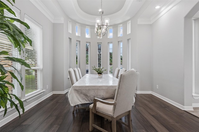 4511 Palo Pinto Dr, Houston, TX 77041 - dining area featuring a chandelier, dark wood-style floors, a high ceiling, and crown molding