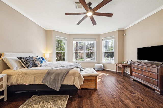 3919 Park Circle Way, Houston, TX 77059 - bedroom featuring dark wood-style floors, ornamental molding, and a ceiling fan