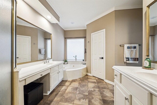 3919 Park Circle Way, Houston, TX 77059 - bathroom featuring two vanities, a garden tub, ornamental molding, and stone finish floors