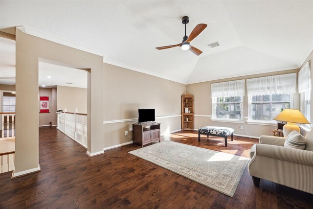 3919 Park Circle Way, Houston, TX 77059 - living area featuring a ceiling fan, lofted ceiling, wood finished floors, and crown molding