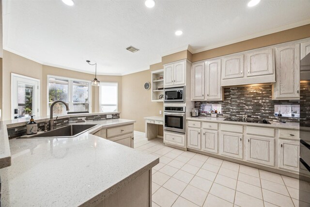 3919 Park Circle Way, Houston, TX 77059 - kitchen featuring stainless steel appliances, open shelves, crown molding, light tile patterned floors, and recessed lighting