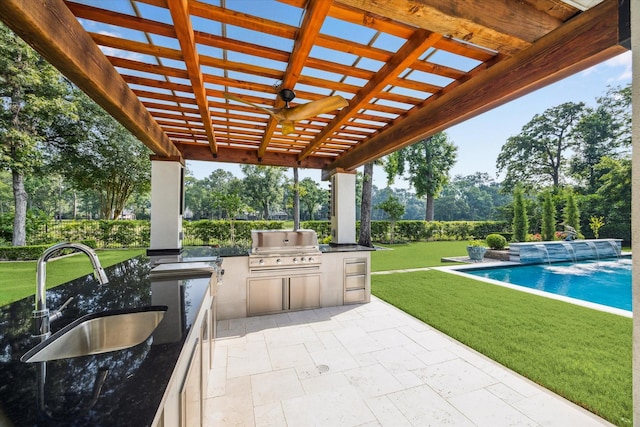 30 Halfmoon Ct, The Woodlands, TX 77380 - view of patio / terrace with an outdoor kitchen, a pergola, an outdoor pool, and view of scattered trees