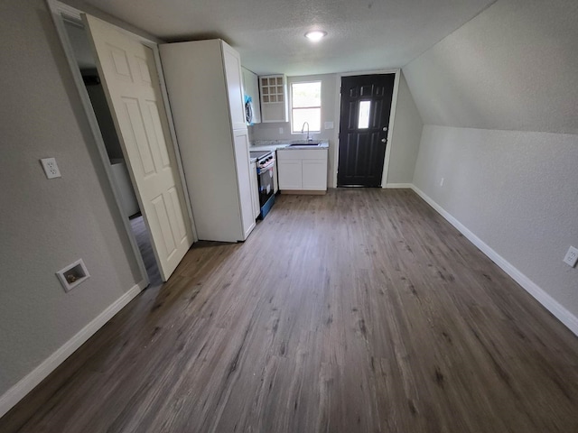 4520 County Road 929c, Brazoria, TX 77422 - kitchen featuring white cabinets, dark wood-type flooring, light countertops, appliances with stainless steel finishes, and lofted ceiling