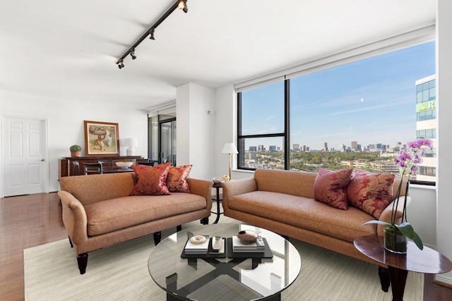 14 Greenway Plz Unit 12L, Houston, TX 77046 - living area with a skyline view, wood finished floors, and track lighting