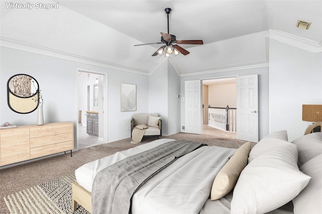 1526 Pecan Crossing Dr, Richmond, TX 77406 - carpeted bedroom featuring lofted ceiling, connected bathroom, ornamental molding, and a ceiling fan