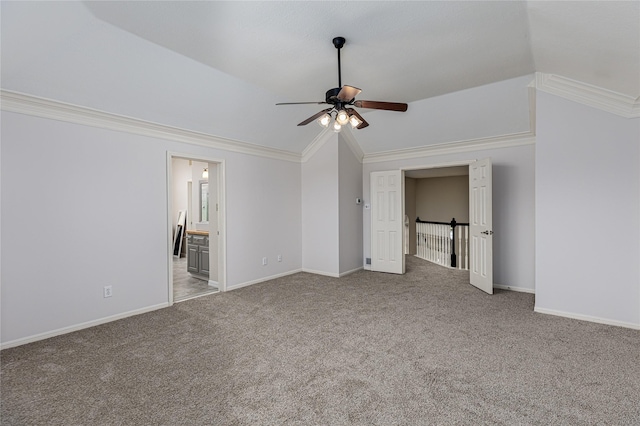 1526 Pecan Crossing Dr, Richmond, TX 77406 - unfurnished living room with lofted ceiling, ceiling fan, carpet floors, and crown molding