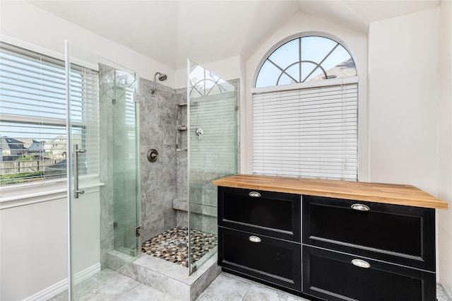 1526 Pecan Crossing Dr, Richmond, TX 77406 - full bath with a shower stall, tile patterned floors, and lofted ceiling