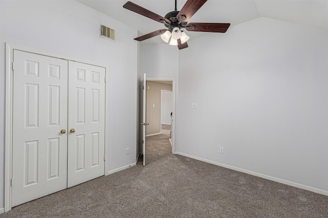1526 Pecan Crossing Dr, Richmond, TX 77406 - unfurnished bedroom with carpet, vaulted ceiling, a closet, and ceiling fan