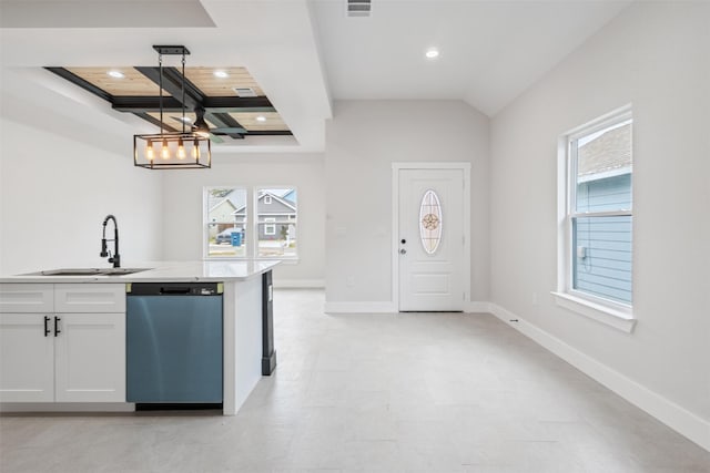 857 Omeara, Montgomery, TX 77316 - kitchen featuring dishwashing machine, white cabinetry, recessed lighting, plenty of natural light, and decorative light fixtures