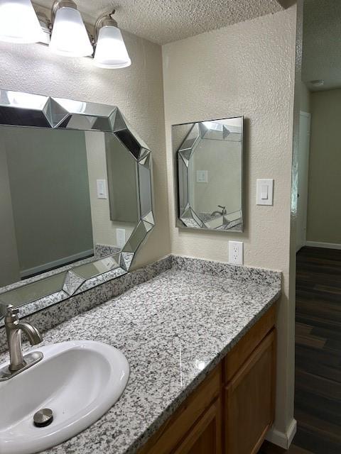 10555 Turtlewood Ct Unit 2111, Houston, TX 77072 - bathroom featuring a textured ceiling, wood finished floors, vanity, and a textured wall