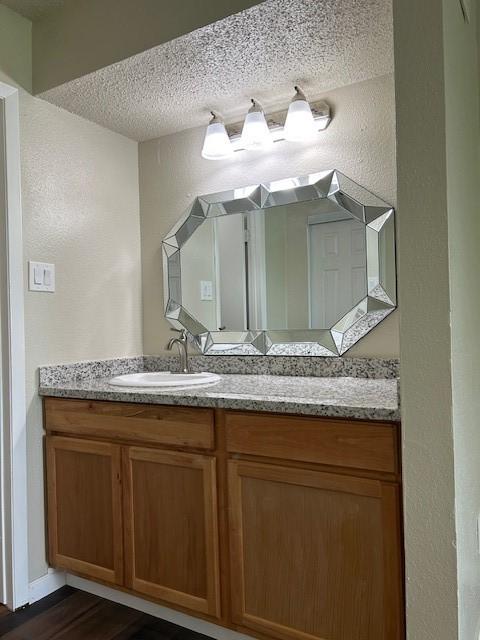 10555 Turtlewood Ct Unit 2111, Houston, TX 77072 - bathroom featuring a textured ceiling, vanity, a textured wall, and wood finished floors