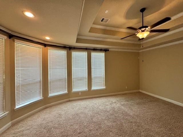 12911 Long Hunter Ct, Humble, TX 77346 - carpeted empty room with a raised ceiling, crown molding, ceiling fan, and recessed lighting