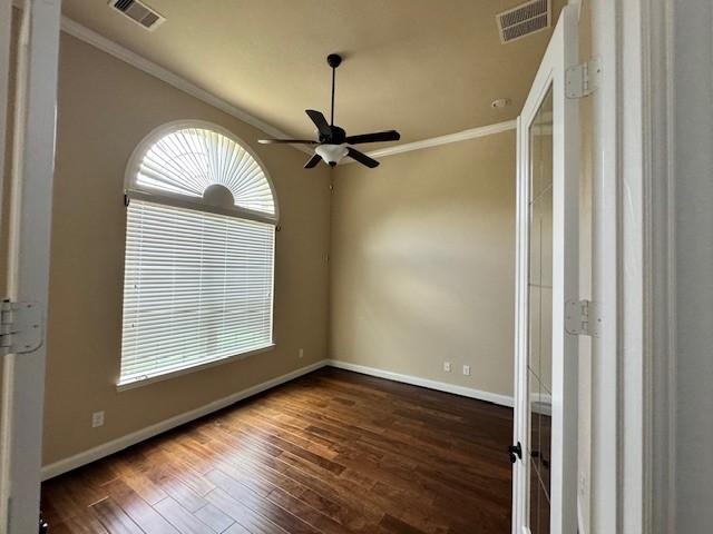 12911 Long Hunter Ct, Humble, TX 77346 - unfurnished room with a ceiling fan, ornamental molding, and wood finished floors