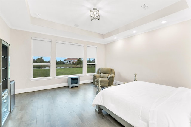 19303 Tree Canopy Ct, Cypress, TX 77433 - bedroom featuring a tray ceiling, wood finished floors, and recessed lighting