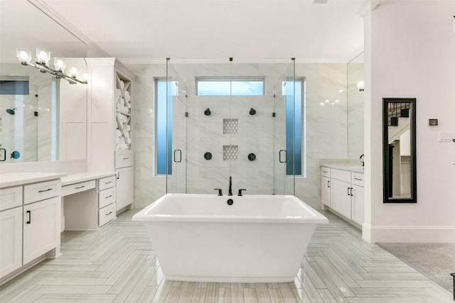 19303 Tree Canopy Ct, Cypress, TX 77433 - bathroom with vanity, a freestanding tub, a shower stall, and ornamental molding