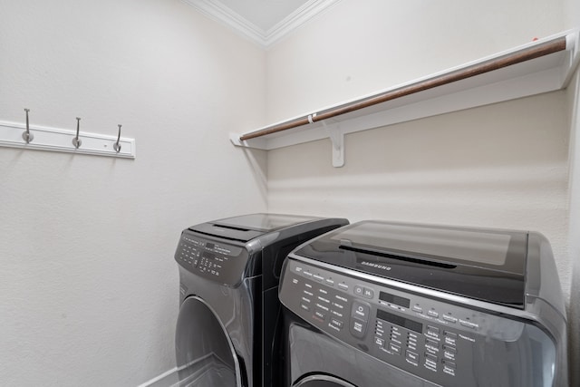 16746 Highland Country Dr, Cypress, TX 77433 - laundry area with crown molding and washer and dryer