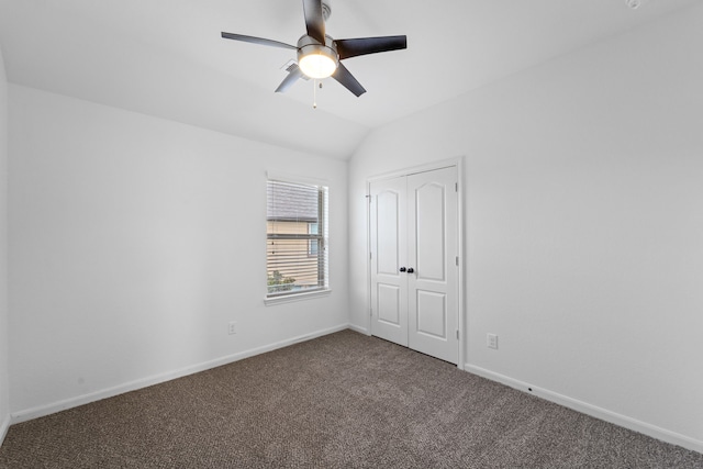 16746 Highland Country Dr, Cypress, TX 77433 - unfurnished bedroom with carpet floors, lofted ceiling, a closet, and ceiling fan