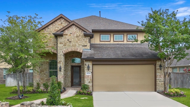 16746 Highland Country Dr, Cypress, TX 77433 - french country inspired facade with stone siding, concrete driveway, and a shingled roof