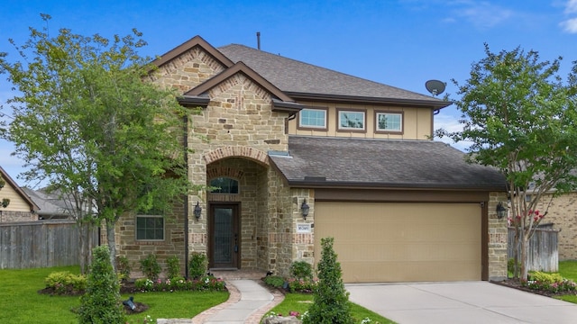 16746 Highland Country Dr, Cypress, TX 77433 - french country inspired facade with stone siding, concrete driveway, a garage, and roof with shingles