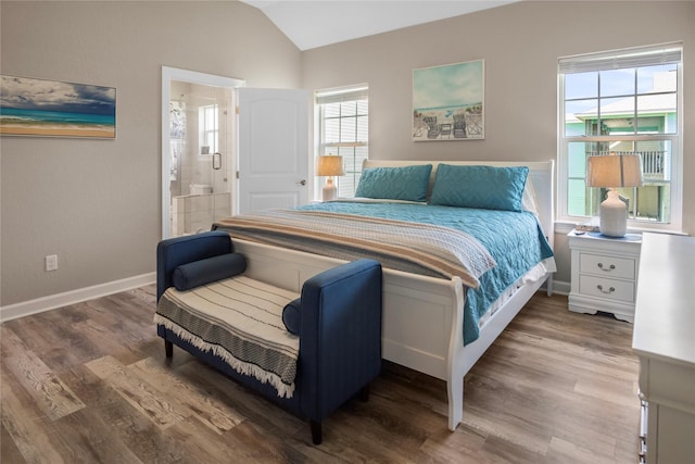 975 S S Cv, Crystal Beach, TX 77650 - bedroom featuring wood finished floors, vaulted ceiling, and connected bathroom