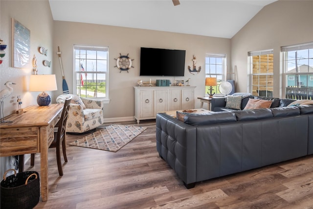 975 S S Cv, Crystal Beach, TX 77650 - living room with vaulted ceiling, healthy amount of natural light, wood finished floors, and ceiling fan