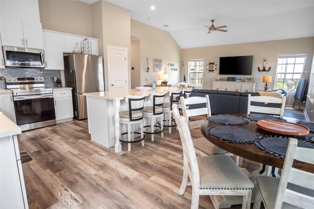975 S S Cv, Crystal Beach, TX 77650 - kitchen featuring appliances with stainless steel finishes, a ceiling fan, vaulted ceiling, light countertops, and healthy amount of natural light