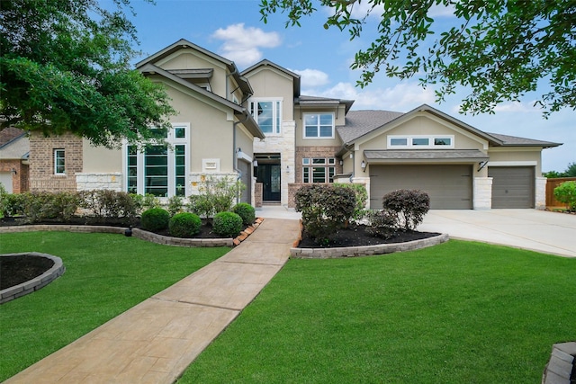19506 Bradford Pines Ct, Cypress, TX 77433 - view of front of house featuring stone siding, stucco siding, a front yard, concrete driveway, and a garage