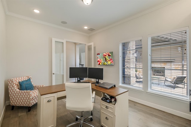 19506 Bradford Pines Ct, Cypress, TX 77433 - office space with light wood finished floors, crown molding, and recessed lighting