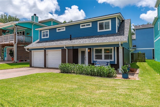 1017 Forest Rd, Clear Lake Shores, TX 77565 - view of front facade featuring a porch, a shingled roof, driveway, an attached garage, and a front yard