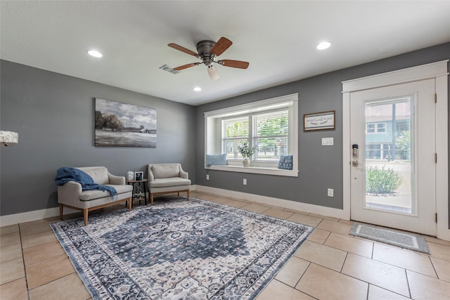 1017 Forest Rd, Clear Lake Shores, TX 77565 - sitting room featuring a ceiling fan, light tile patterned flooring, and recessed lighting