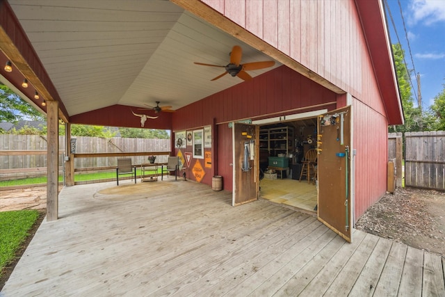 3214 Churchill St, Pearland, TX 77581 - wooden terrace featuring a ceiling fan and a fenced backyard